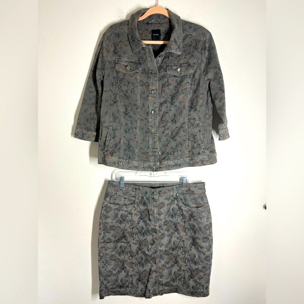 Bonita Germany Bohemian Floral Print Denim Set Jacket 46 EU + Skirt 42 EU Gray